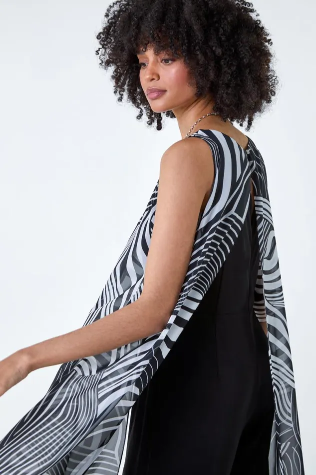 Black Full Length Printed Overlay Jumpsuit Women Roman Dresses