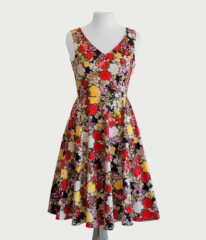 Black Garden Floral Swing Dress DressesPlus Unique Vintage Pocket Dresses