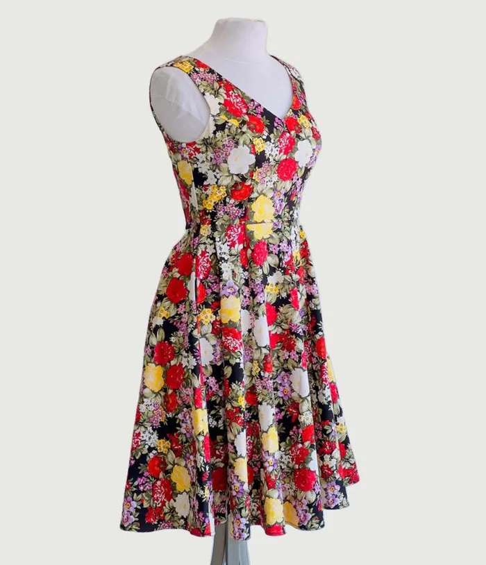 Black Garden Floral Swing Dress DressesPlus Unique Vintage Pocket Dresses