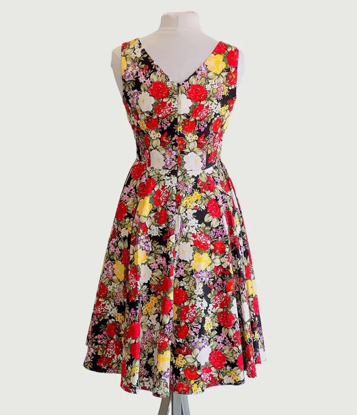 Black Garden Floral Swing Dress DressesPlus Unique Vintage Pocket Dresses