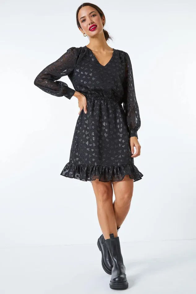 Black Heart Print Burnout Frill Dress Women Roman Dresses