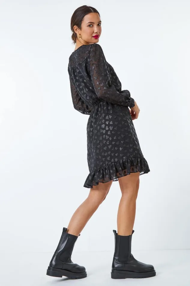 Black Heart Print Burnout Frill Dress Women Roman Dresses