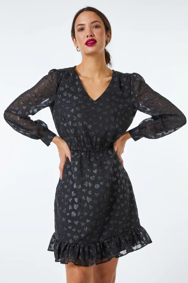 Black Heart Print Burnout Frill Dress Women Roman Dresses