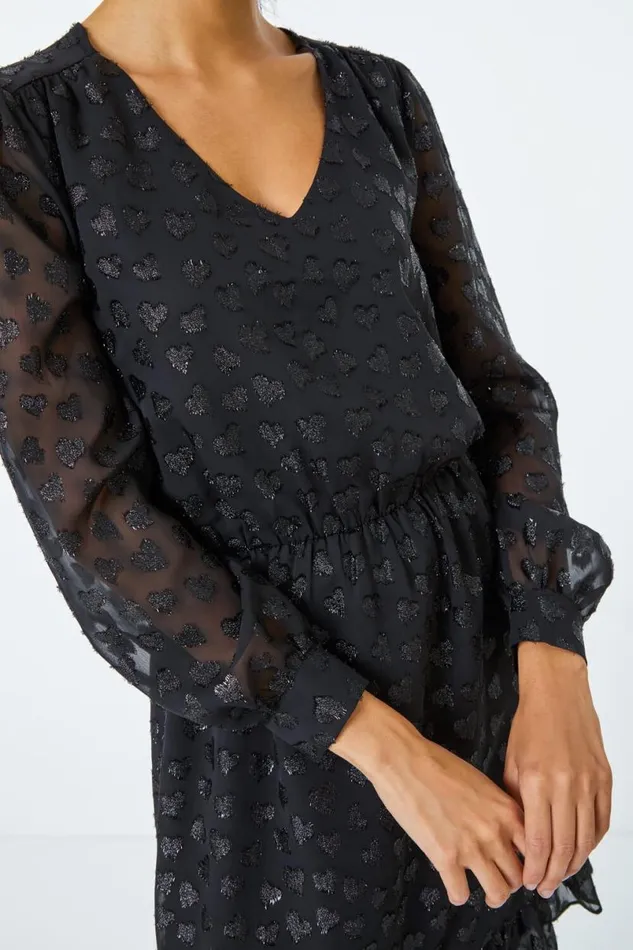 Black Heart Print Burnout Frill Dress Women Roman Dresses