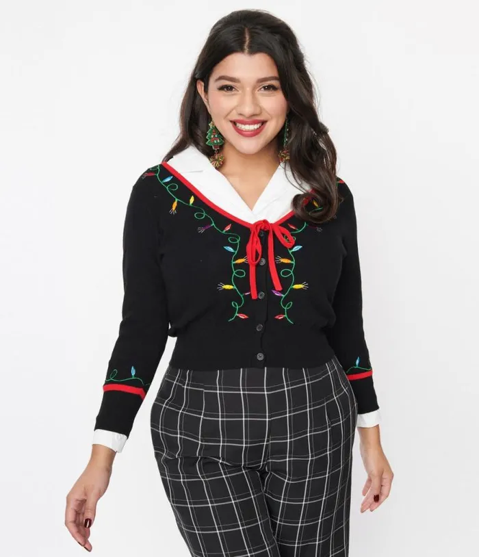 Black Holiday Lights Crop Cardigan ClothingPlus Unique Vintage Sweaters and Cardigans Black Holiday Lights Crop Cardigan ClothingPlus Unique Vintage Sweaters and Cardigans