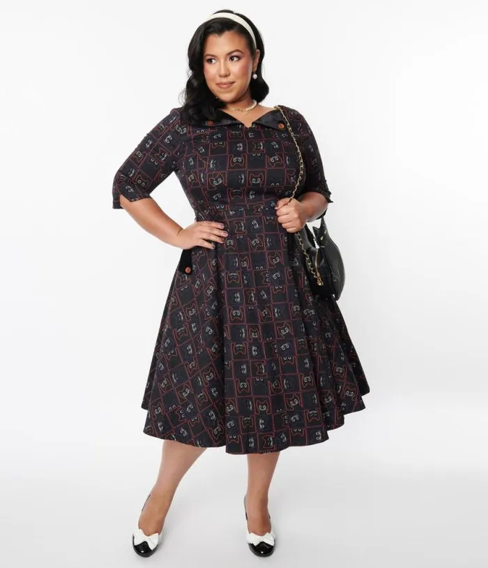 Black Kitty Cat Checkered Swing Dress DressesHalloweenPlus Unique Vintage Pocket Dresses Black Kitty Cat Checkered Swing Dress DressesHalloweenPlus Unique Vintage Pocket Dresses