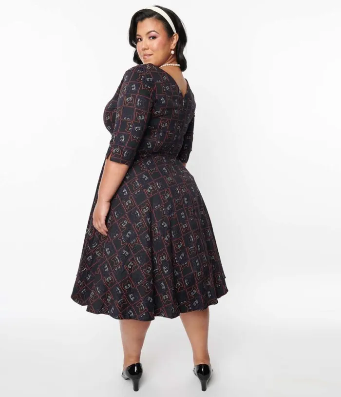 Black Kitty Cat Checkered Swing Dress DressesHalloweenPlus Unique Vintage Pocket Dresses