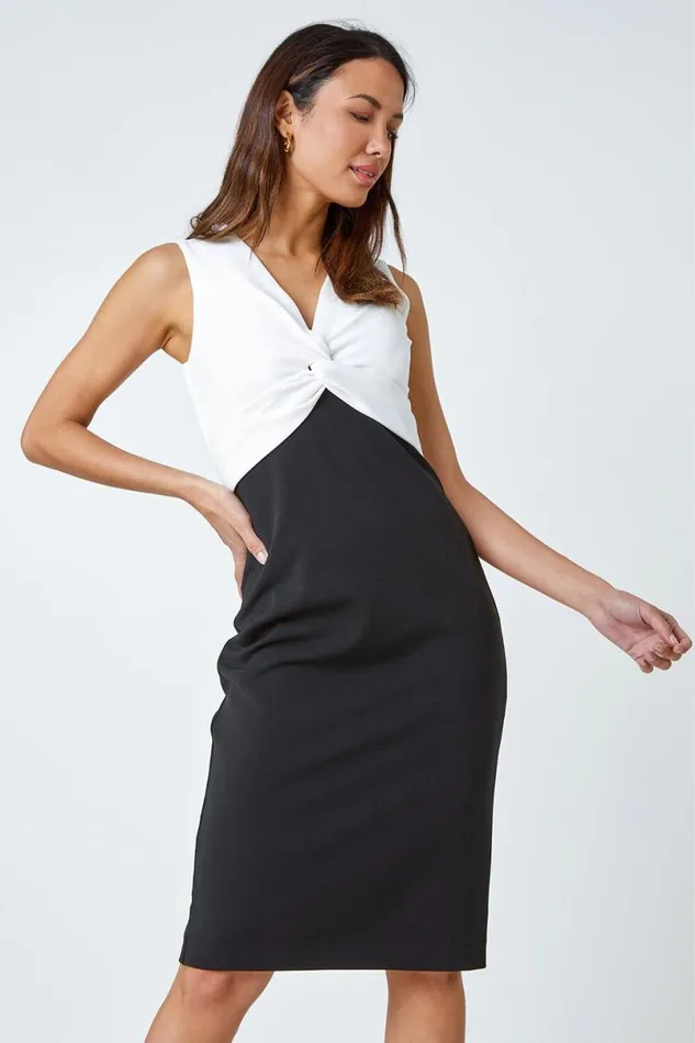 Black Knot Detail Premium Stretch Midi Dress Women Roman Dresses