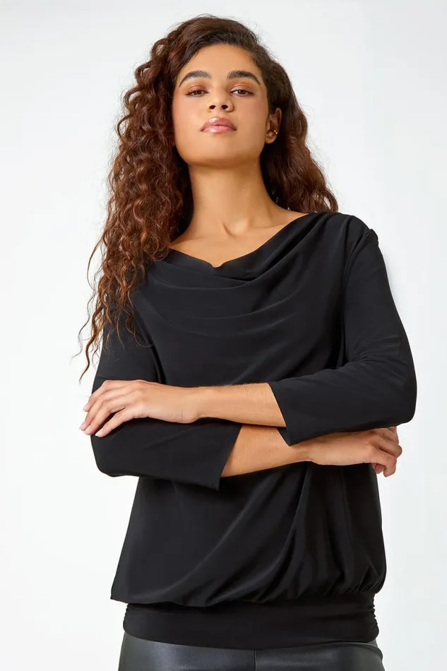 Black Lace Back Cowl Neck Stretch Top Women Roman Tops