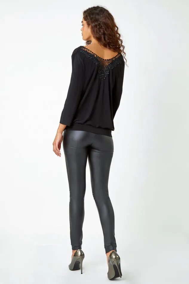 Black Lace Back Cowl Neck Stretch Top Women Roman Tops