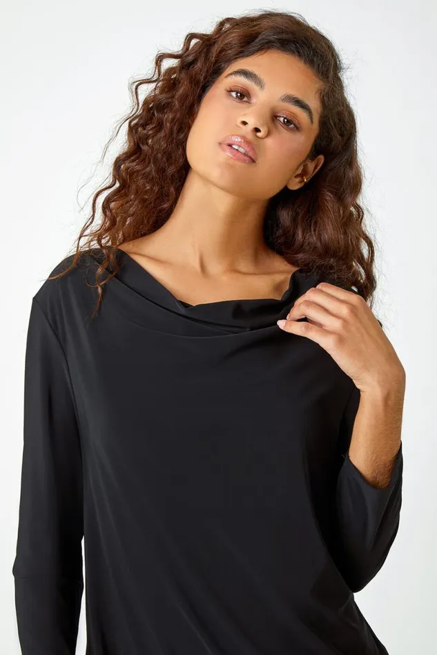 Black Lace Back Cowl Neck Stretch Top Women Roman Tops