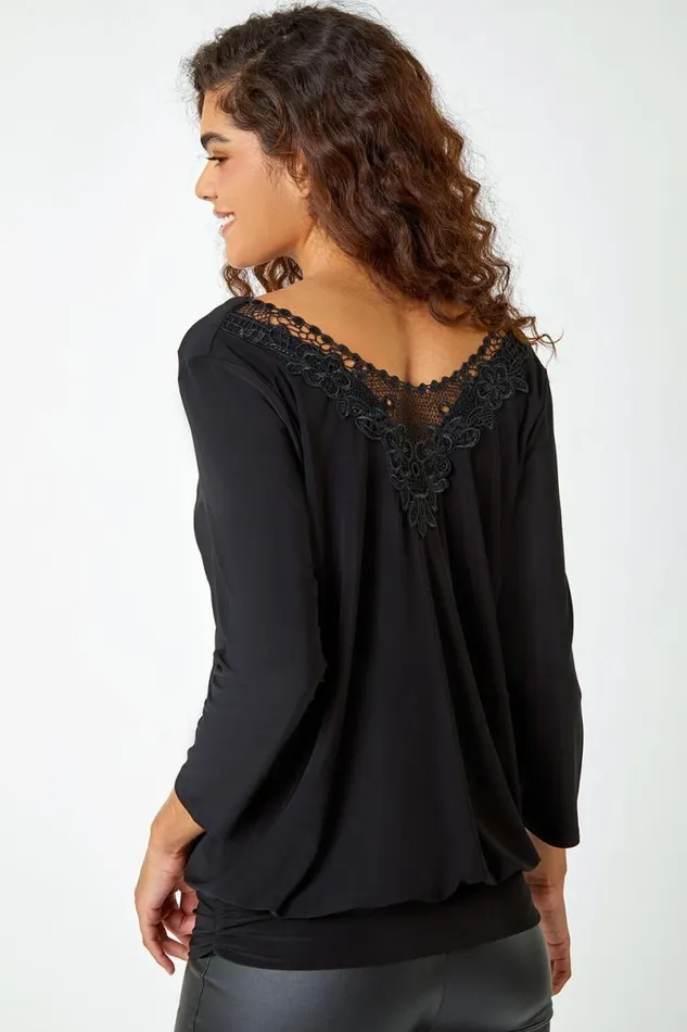 Black Lace Back Cowl Neck Stretch Top Women Roman Tops