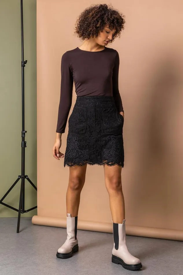 Black Lace Overlay Pocket Detail Skirt Women Roman Skirts