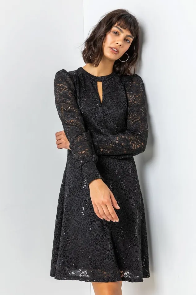 Black Lace Sparkle Swing Dress Women Roman Dresses