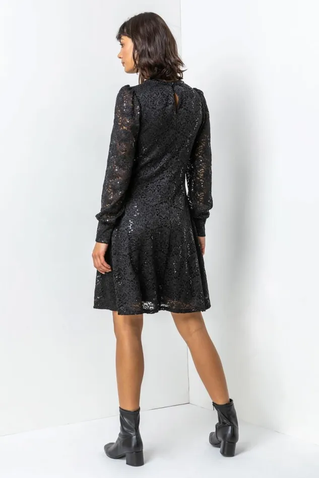 Black Lace Sparkle Swing Dress Women Roman Dresses
