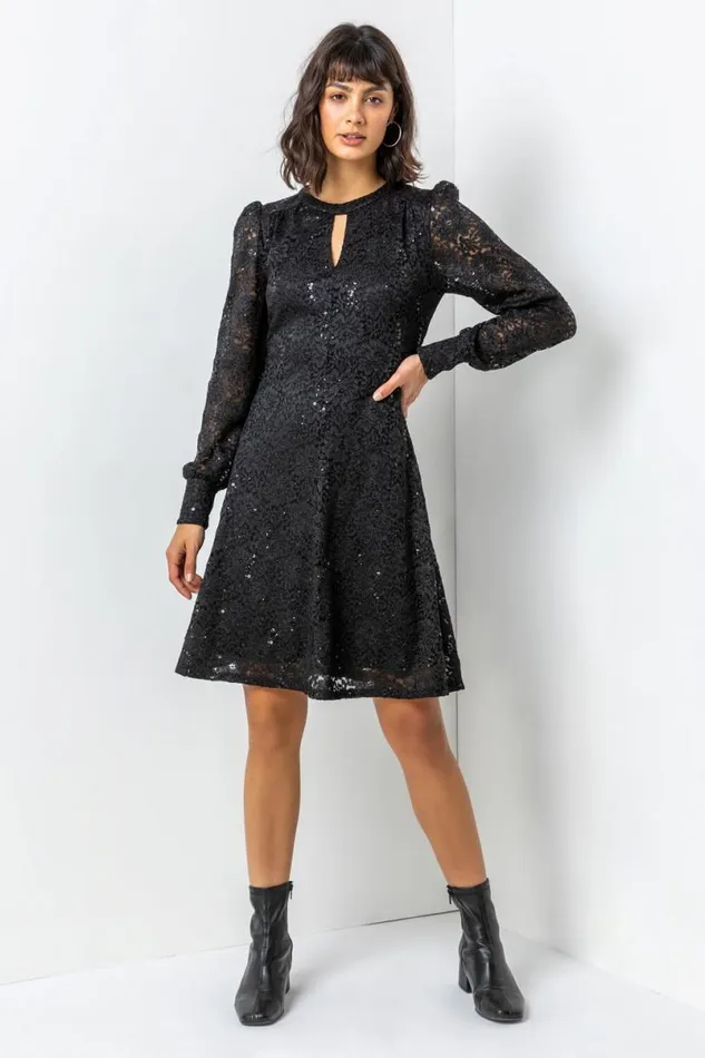 Black Lace Sparkle Swing Dress Women Roman Dresses