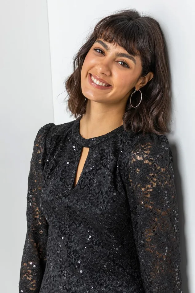 Black Lace Sparkle Swing Dress Women Roman Dresses