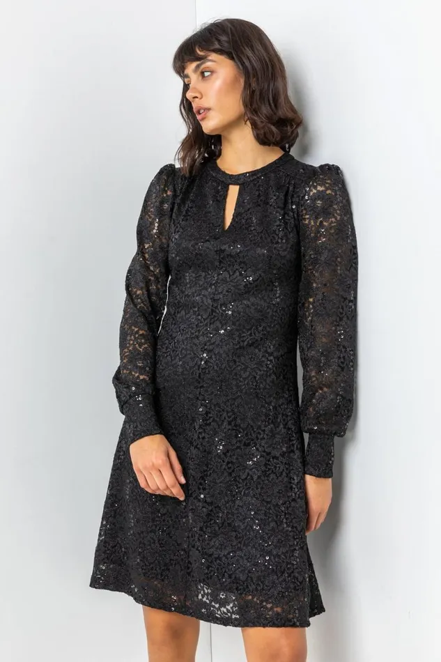 Black Lace Sparkle Swing Dress Women Roman Dresses