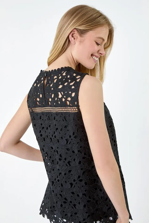 Black Ladder Trim Lace Jersey Top Women Roman Tops