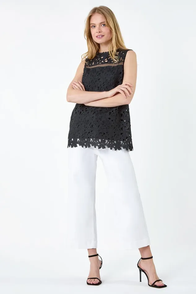 Black Ladder Trim Lace Jersey Top Women Roman Tops