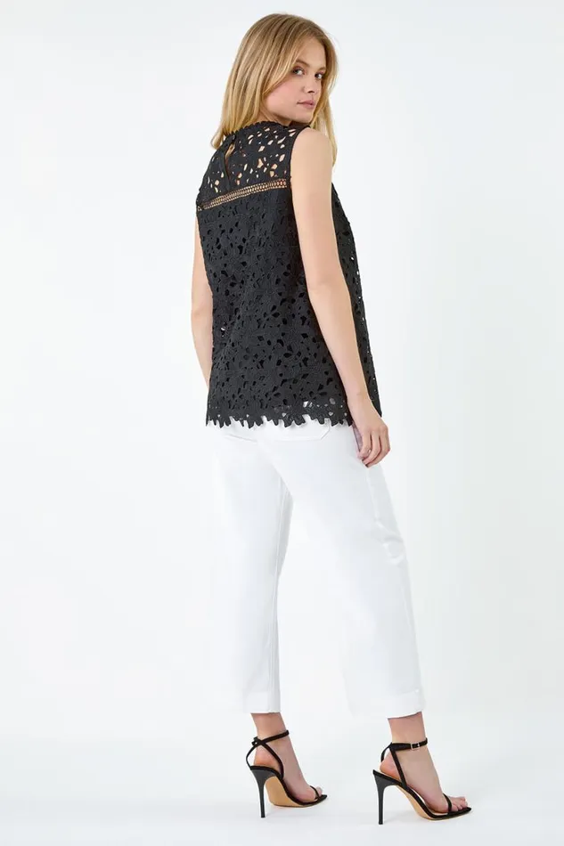 Black Ladder Trim Lace Jersey Top Women Roman Tops