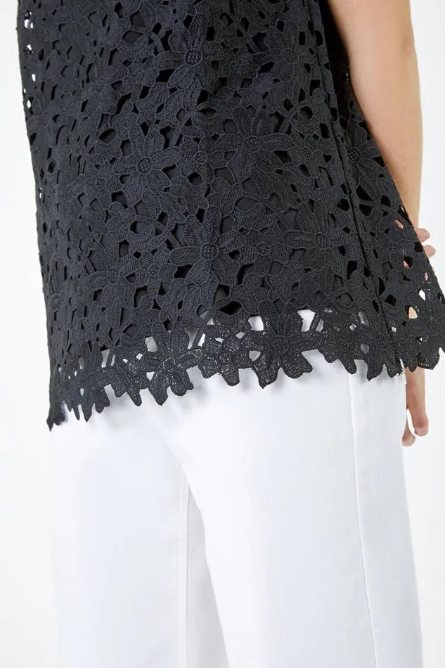 Black Ladder Trim Lace Jersey Top Women Roman Tops