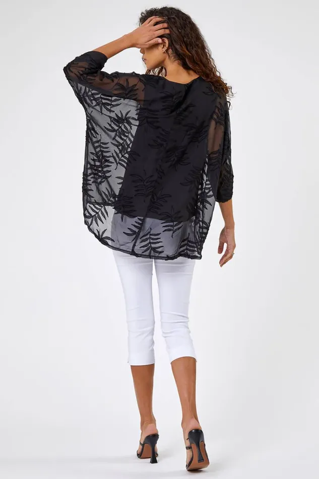 Black Leaf Burnout Print Chiffon Overlay Top Women Roman Tops