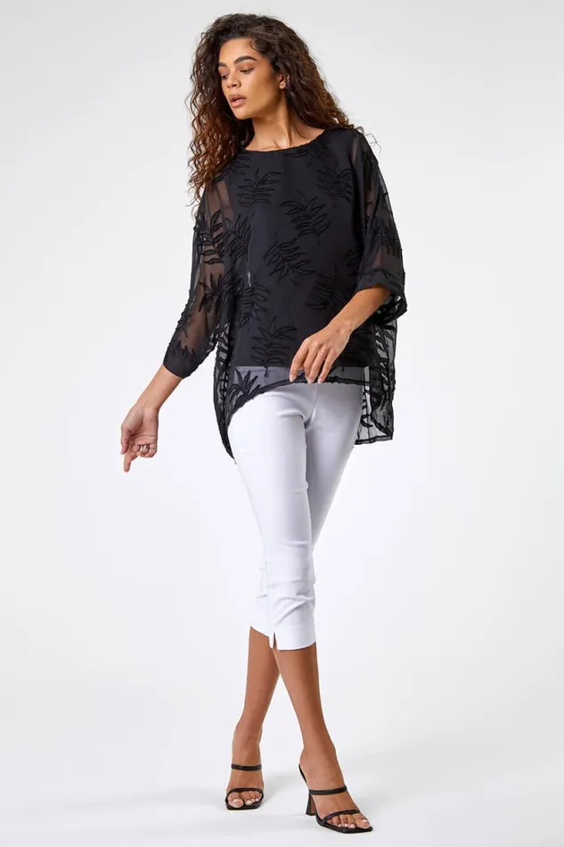 Black Leaf Burnout Print Chiffon Overlay Top Women Roman Tops