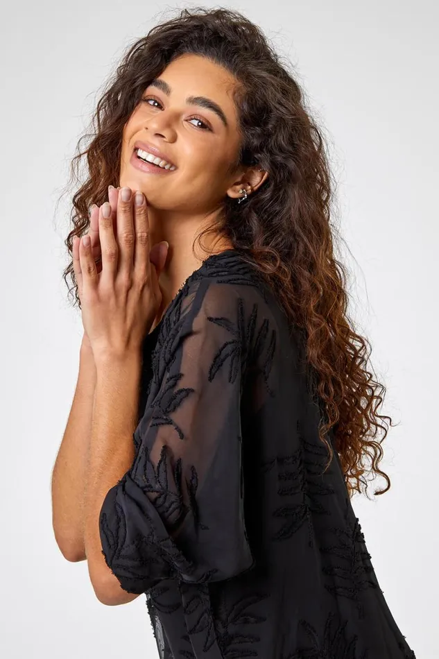 Black Leaf Burnout Print Chiffon Overlay Top Women Roman Tops