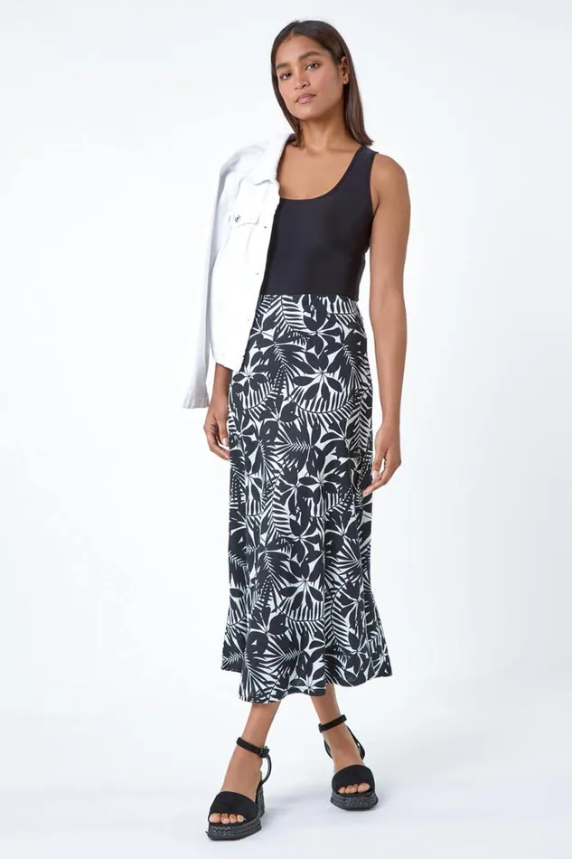 Black Leaf Print Linen Blend ALine Skirt Women Roman Skirts