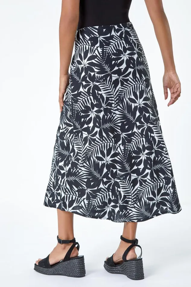 Black Leaf Print Linen Blend ALine Skirt Women Roman Skirts