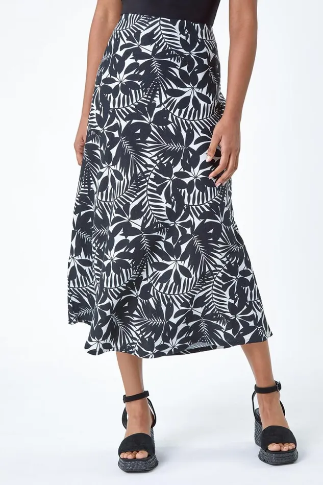Black Leaf Print Linen Blend ALine Skirt Women Roman Skirts