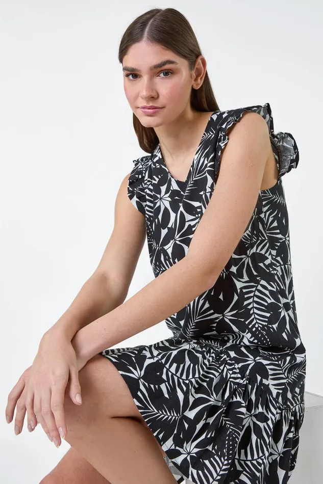 Black Leaf Print Linen Blend Frill Detail Dress Women Roman Dresses