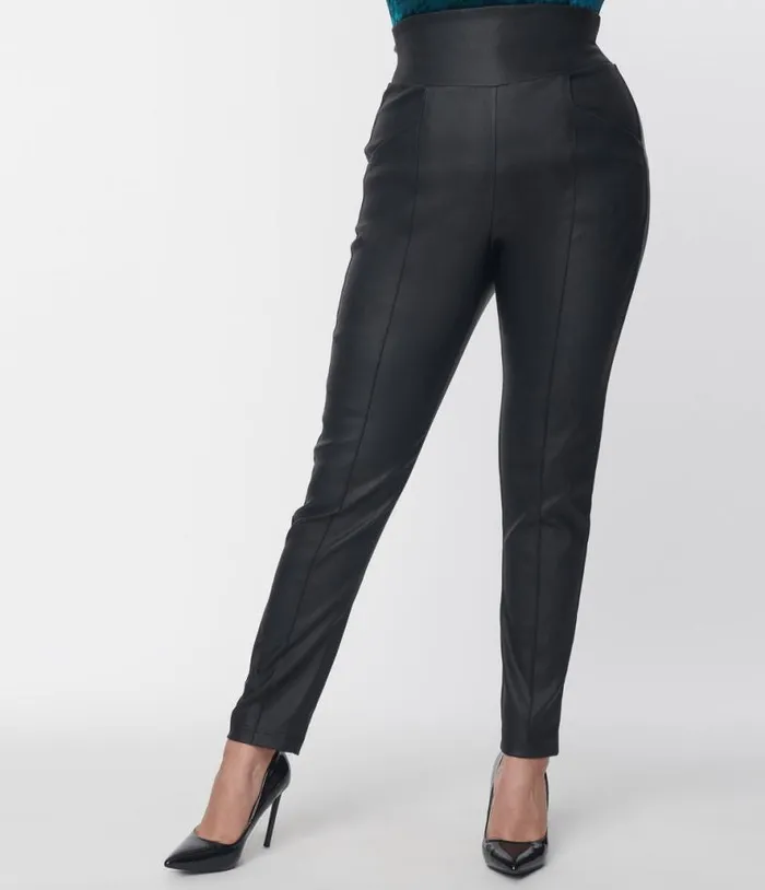 Black Leatherette High Waist Pintuck Pants ClothingPlus Unique Vintage Pants