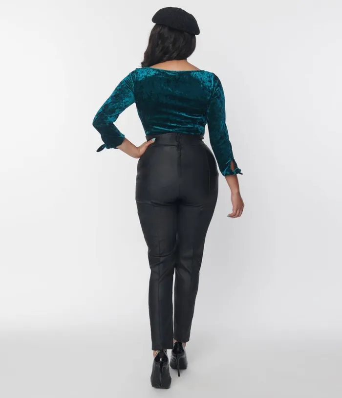 Black Leatherette High Waist Pintuck Pants ClothingPlus Unique Vintage Pants