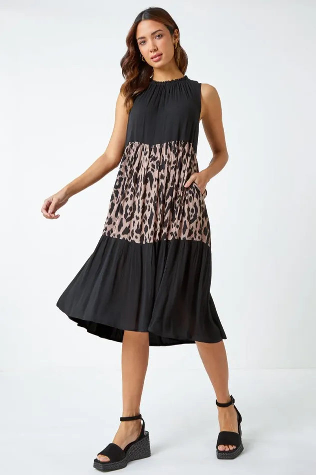 Black Leopard Print Panel Smock Dress Women Roman Dresses