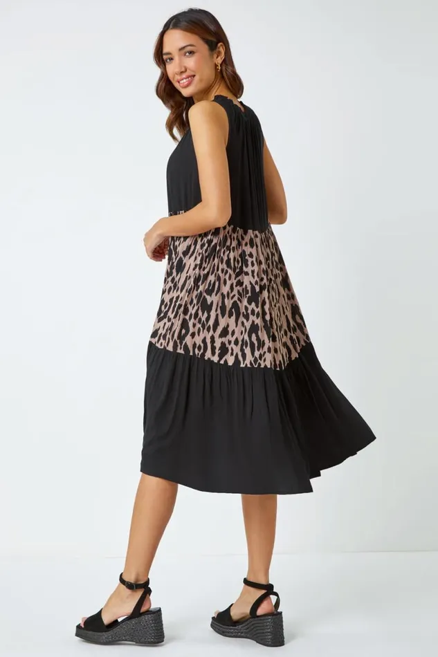 Black Leopard Print Panel Smock Dress Women Roman Dresses