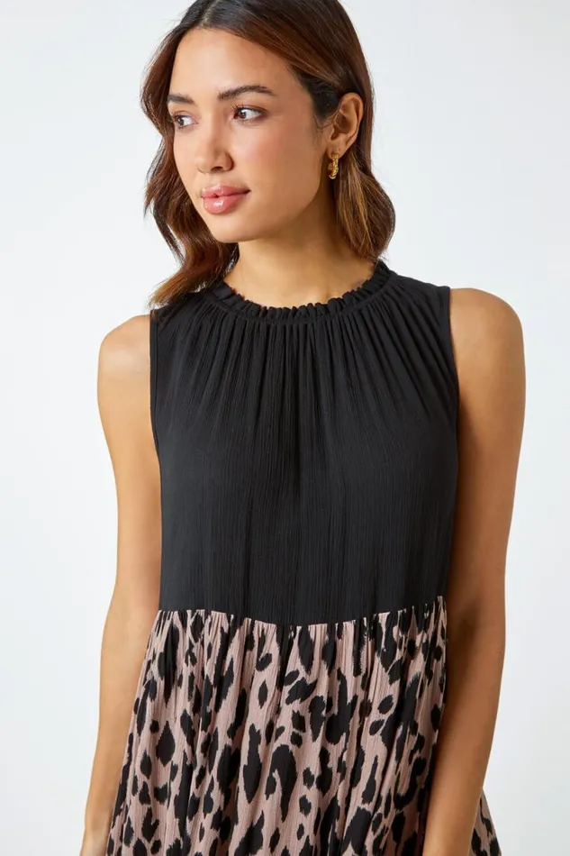 Black Leopard Print Panel Smock Dress Women Roman Dresses