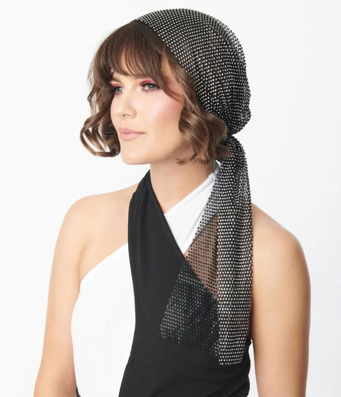 Black Mesh and Silver Rhinestone Headscarf Accessories Unique Vintage Gloves and Scarves Black Mesh and Silver Rhinestone Headscarf Accessories Unique Vintage Gloves and Scarves