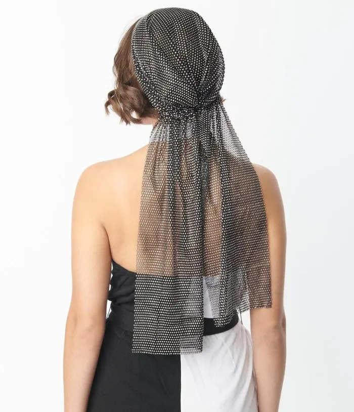 Black Mesh and Silver Rhinestone Headscarf Accessories Unique Vintage Gloves and Scarves