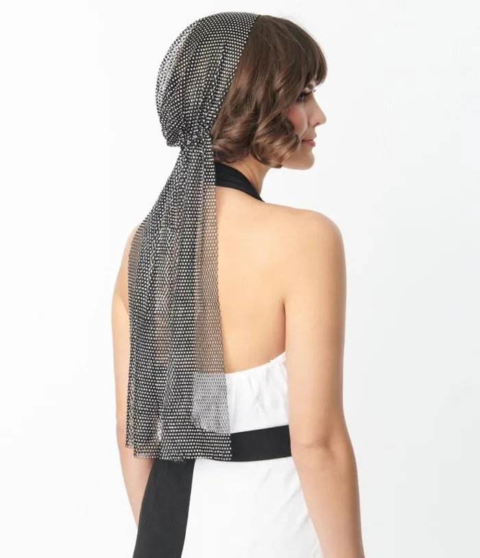 Black Mesh and Silver Rhinestone Headscarf Accessories Unique Vintage Gloves and Scarves