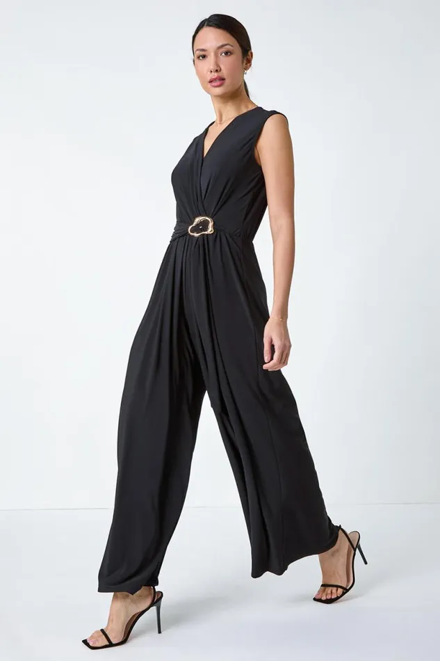 Black Metallic Belt Draped Stretch Jumpsuit Women Roman Dresses