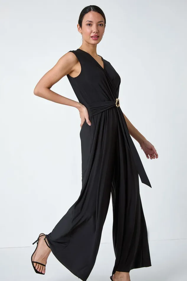 Black Metallic Belt Draped Stretch Jumpsuit Women Roman Dresses