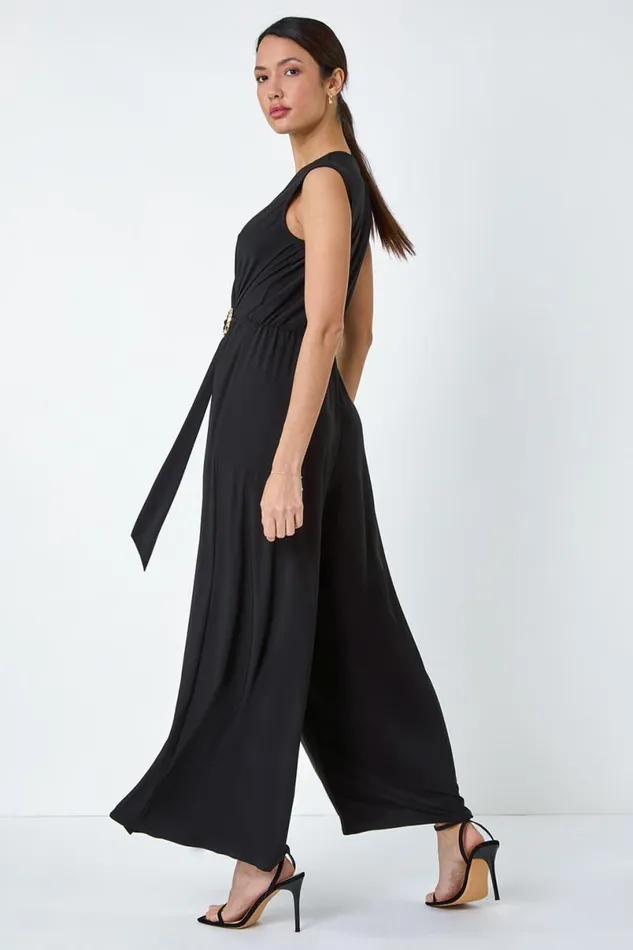Black Metallic Belt Draped Stretch Jumpsuit Women Roman Dresses