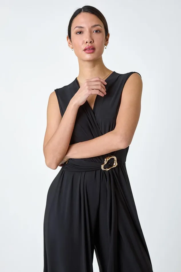 Black Metallic Belt Draped Stretch Jumpsuit Women Roman Dresses