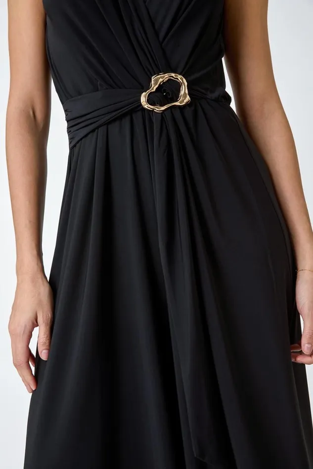 Black Metallic Belt Draped Stretch Jumpsuit Women Roman Dresses