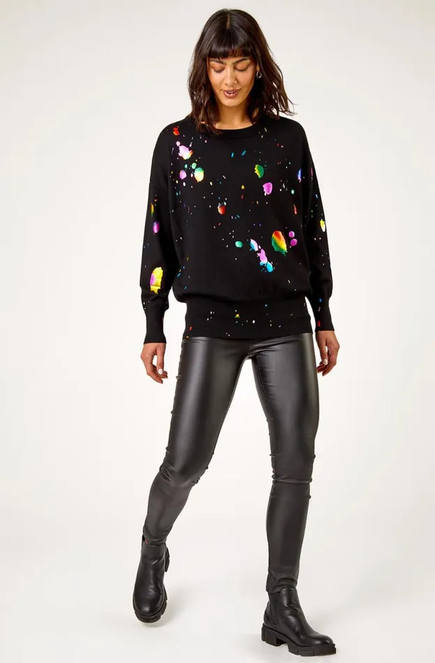 Black Metallic Foil Print Jumper Women Roman Tops