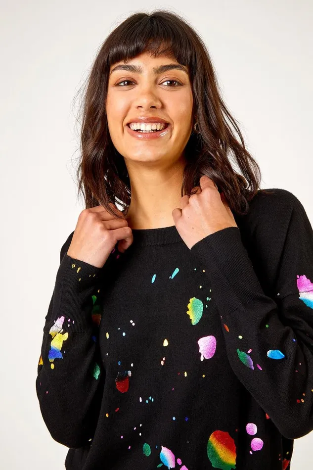 Black Metallic Foil Print Jumper Women Roman Tops