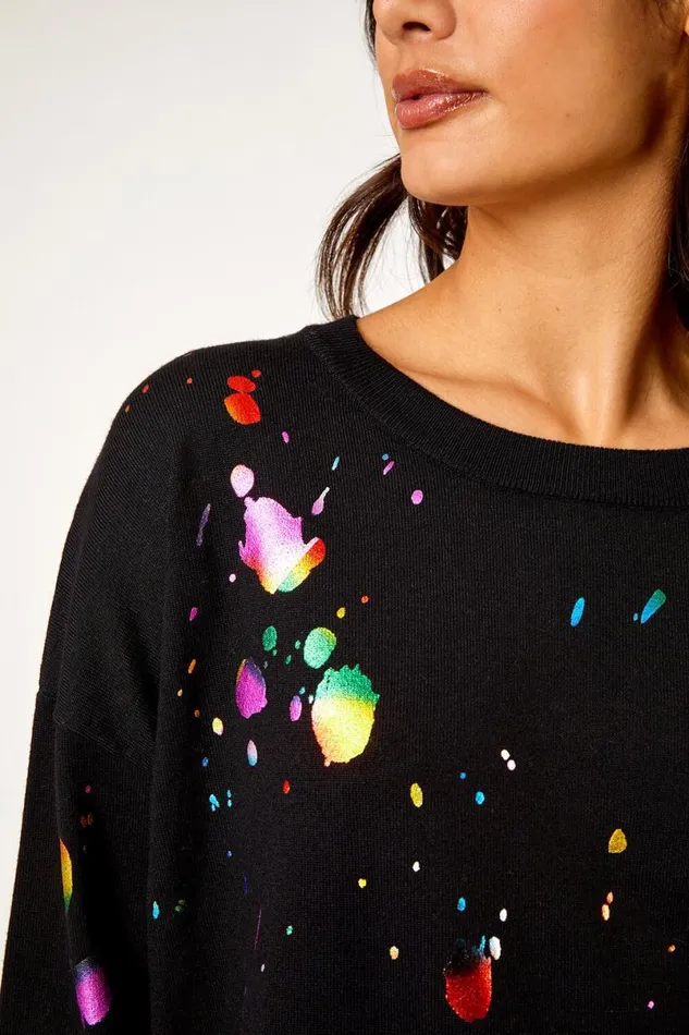 Black Metallic Foil Print Jumper Women Roman Tops