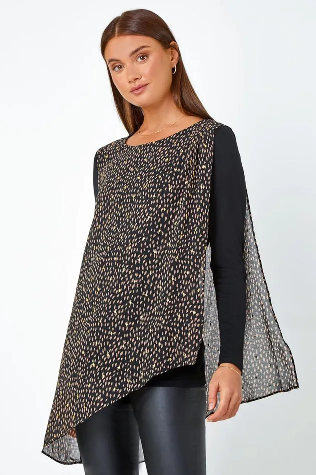 Black Metallic Spot Chiffon Overlay Stretch Top Women Roman Tops